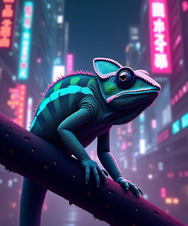 サイバーパンク風の背景にネオンカラーで描かれたカメレオンのデジタルイラスト。