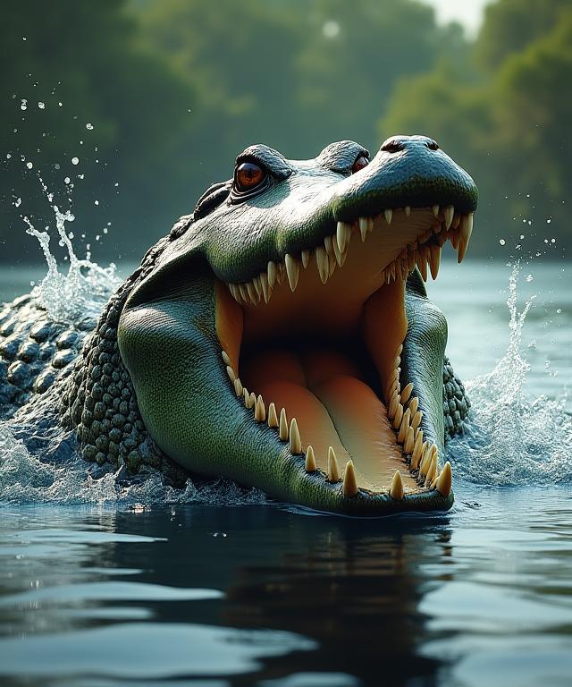 水面から巨大な顎を突き出す、迫力あるクロコダイルのデジタルペインティング。