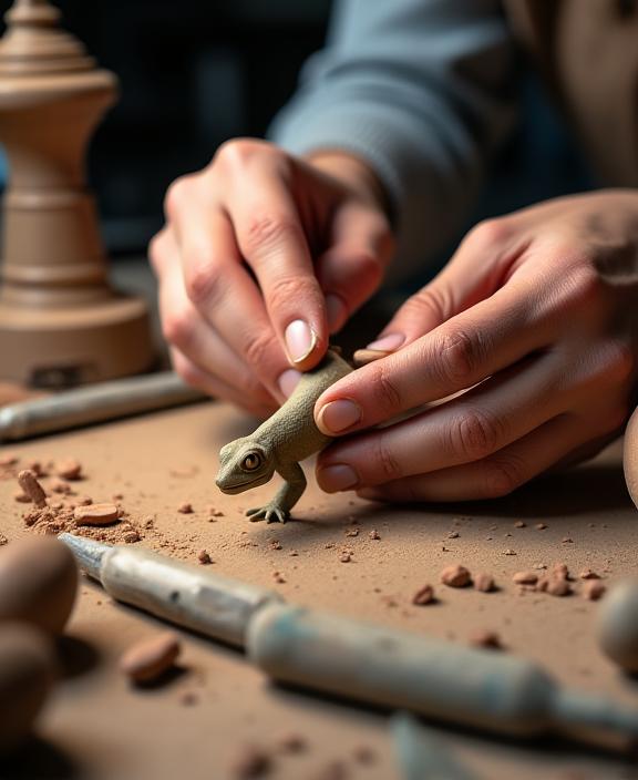 粘土と道具に囲まれ、トカゲの小さな彫刻を制作しているアーティストの手元。