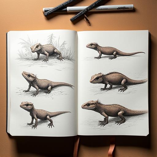 スケッチブックに描かれたトカゲの様々なポーズのコンセプトアート。
