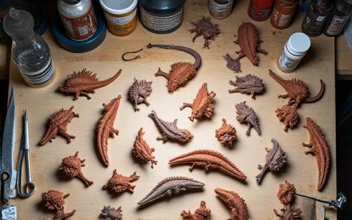 制作途中の様々な爬虫類の粘土原型が並んだ作業台。